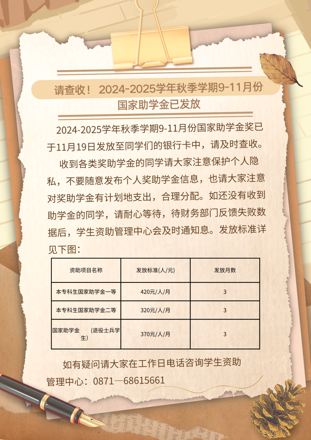 通知|关于 2024-2025学年秋季学期9-11月份国家助学金已发放的通知